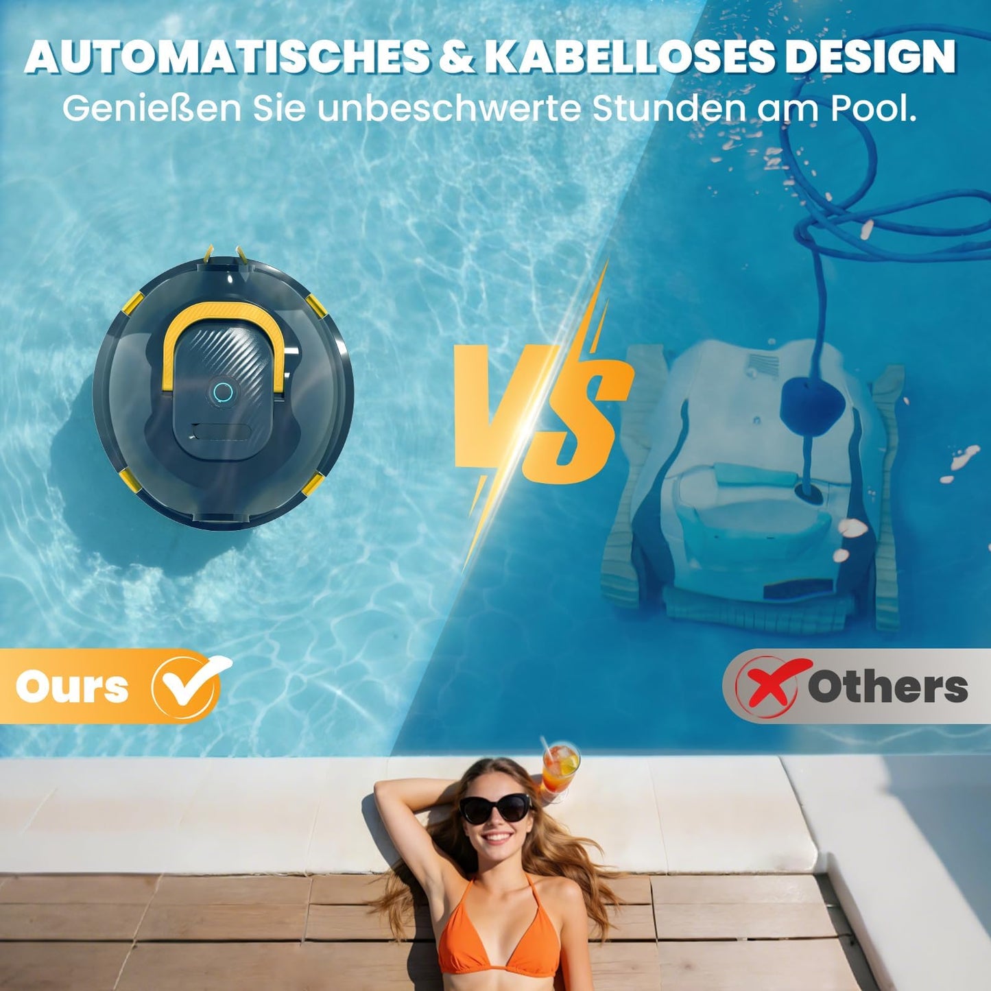 Bocxi Kabelloser Poolsauger Akku 120 Min. für Pools bis 110 m²