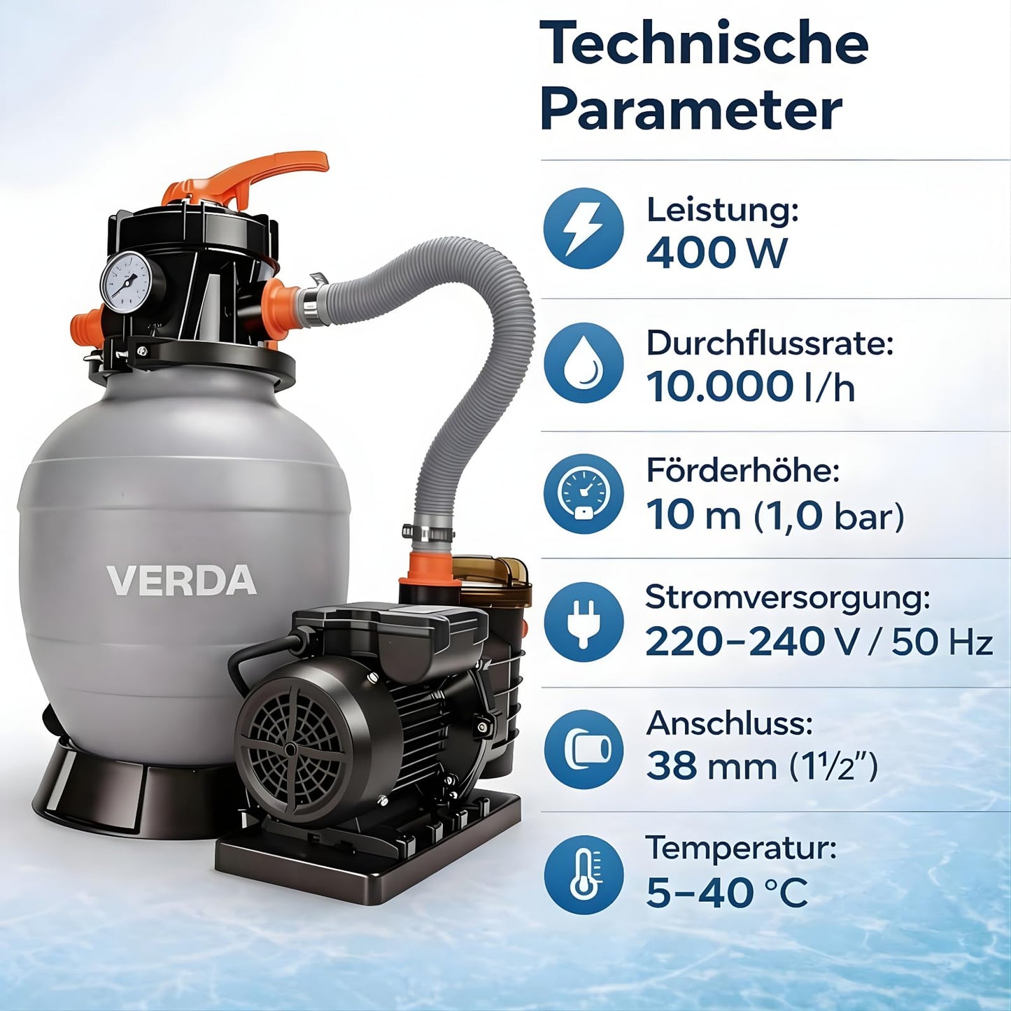 VERDA Sandfilteranlage 10.000 l/h 400W für Pools bis 30.000L