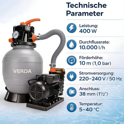 VERDA Sandfilteranlage 10.000 l/h 400W für Pools bis 30.000L