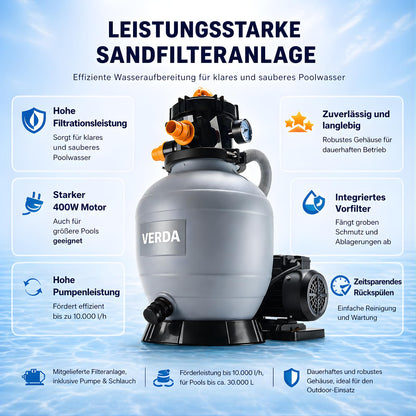 VERDA Sandfilteranlage 10.000 l/h 400W für Pools bis 30.000L
