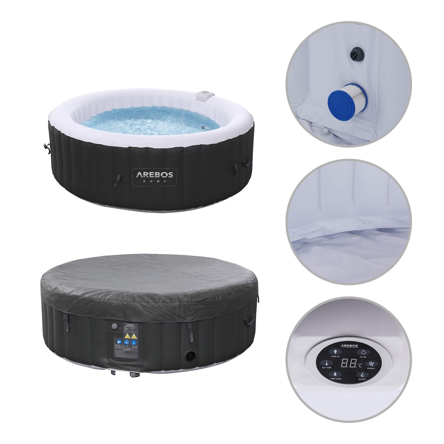 Arebos Whirlpool Aufblasbar 6 Personen – 130 Düsen, 1000 L