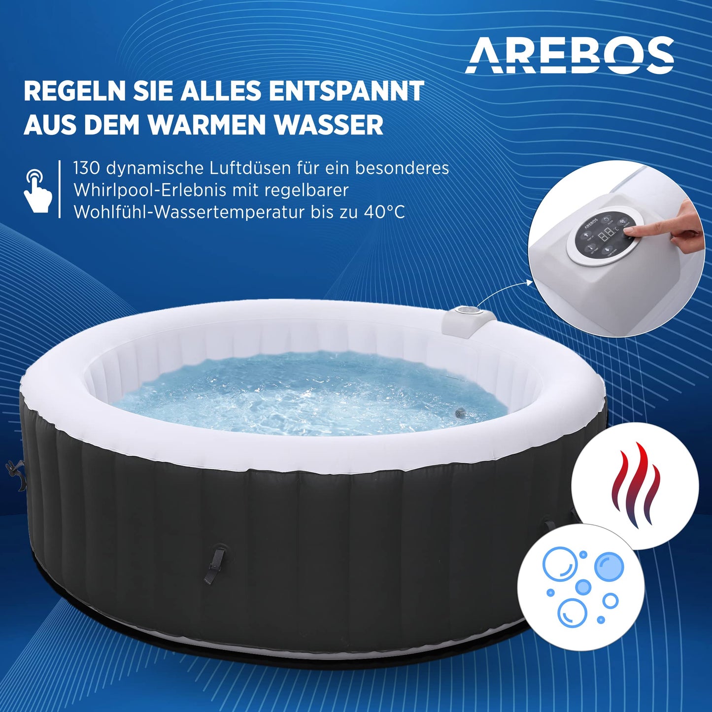 Arebos Whirlpool Aufblasbar 6 Personen – 130 Düsen, 1000 L