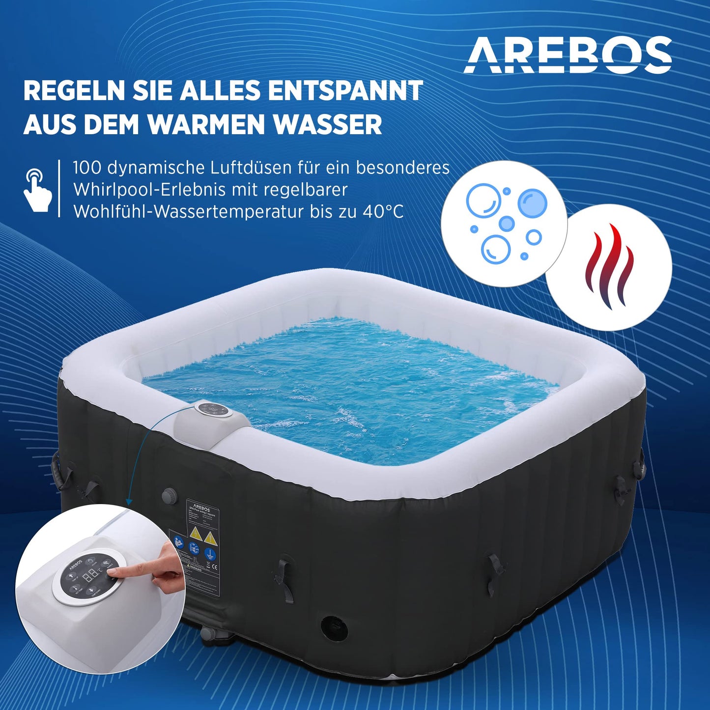 Arebos Aufblasbarer Whirlpool 4 Personen – 100 Düsen, 600 L